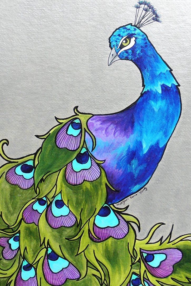 A painting of a peacock with purple and blue feathers on a silver background.