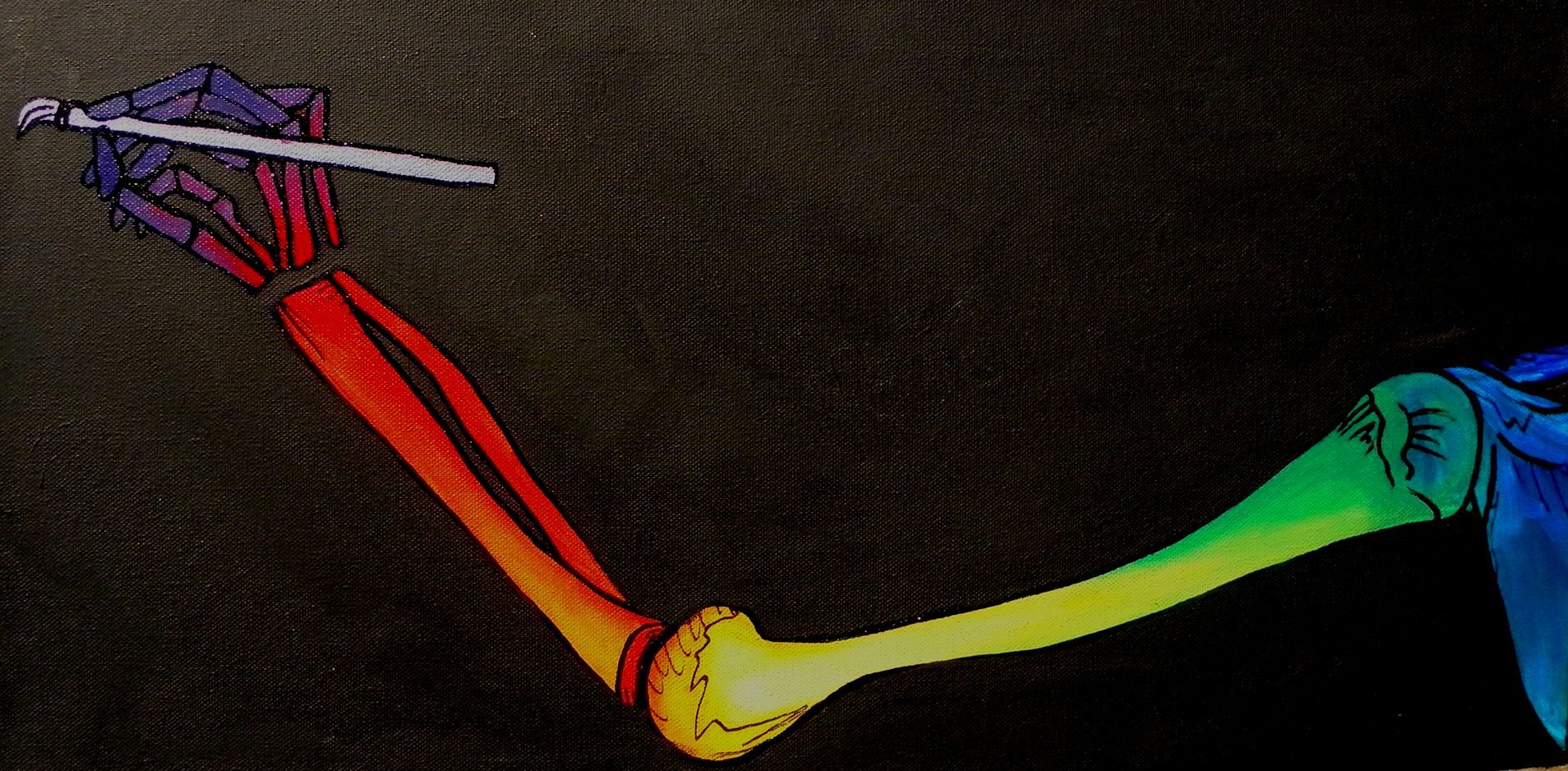 A drawing of a skeleton with a rainbow of colors