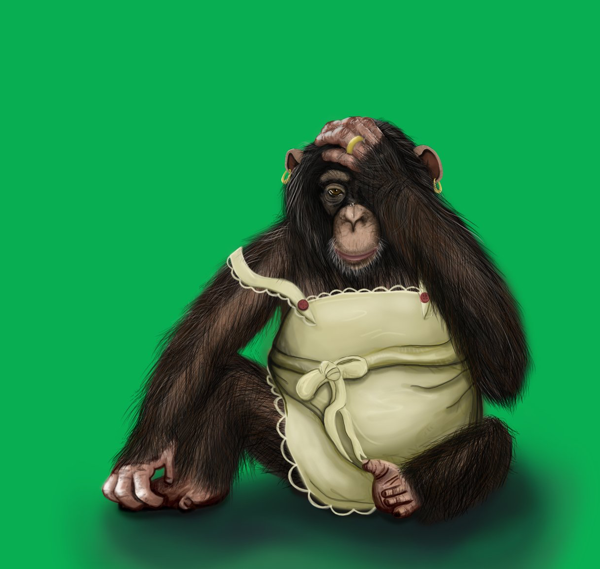 A chimpanzee wearing an apron and a hat is sitting on a green background.