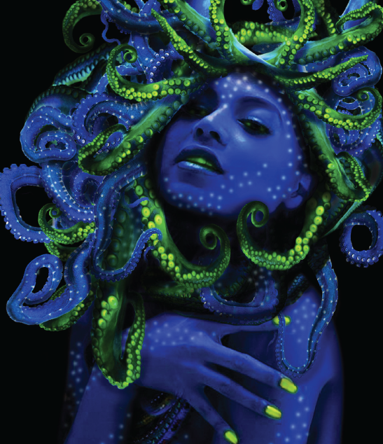 A woman with glow in the dark octopus on her head