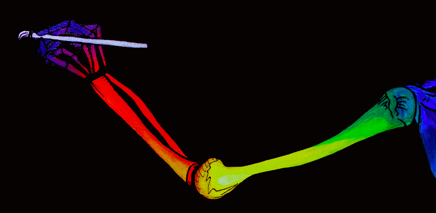 A rainbow colored skeleton arm with a needle in it.