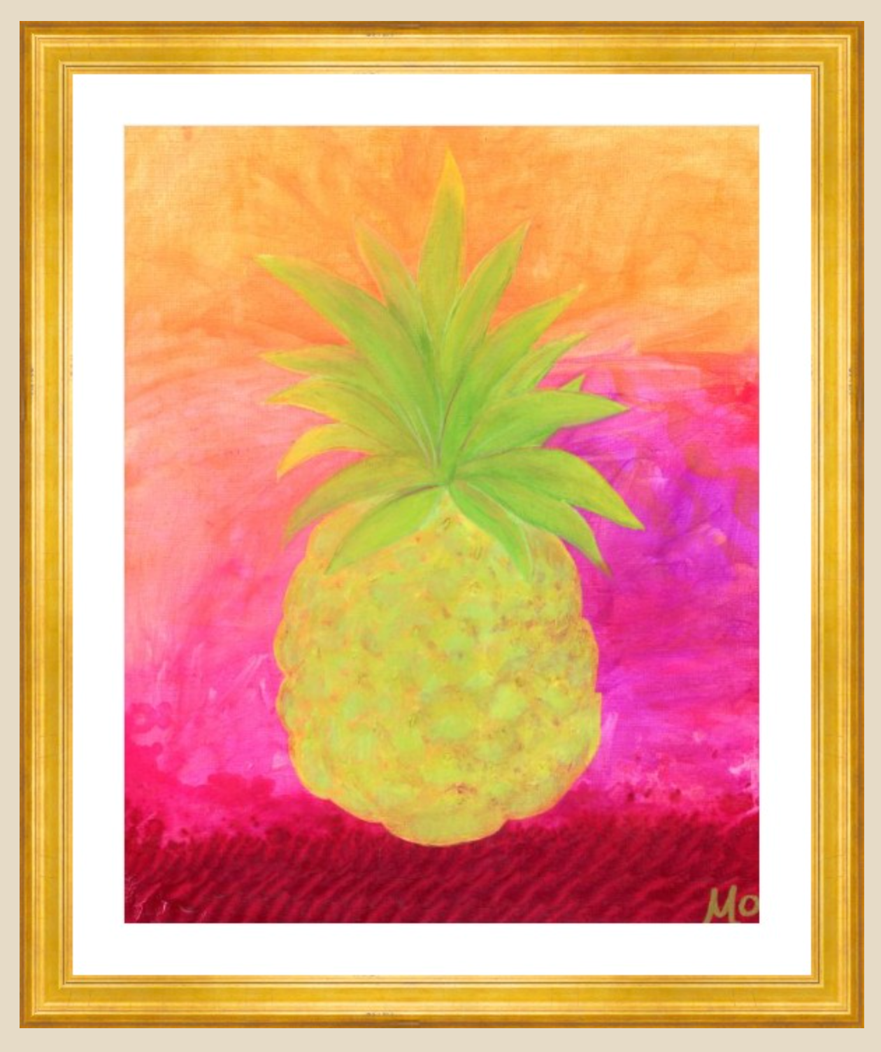 Pineapple painting, yellow fruit with green leaves, colorful pink and orange background, gold frame.