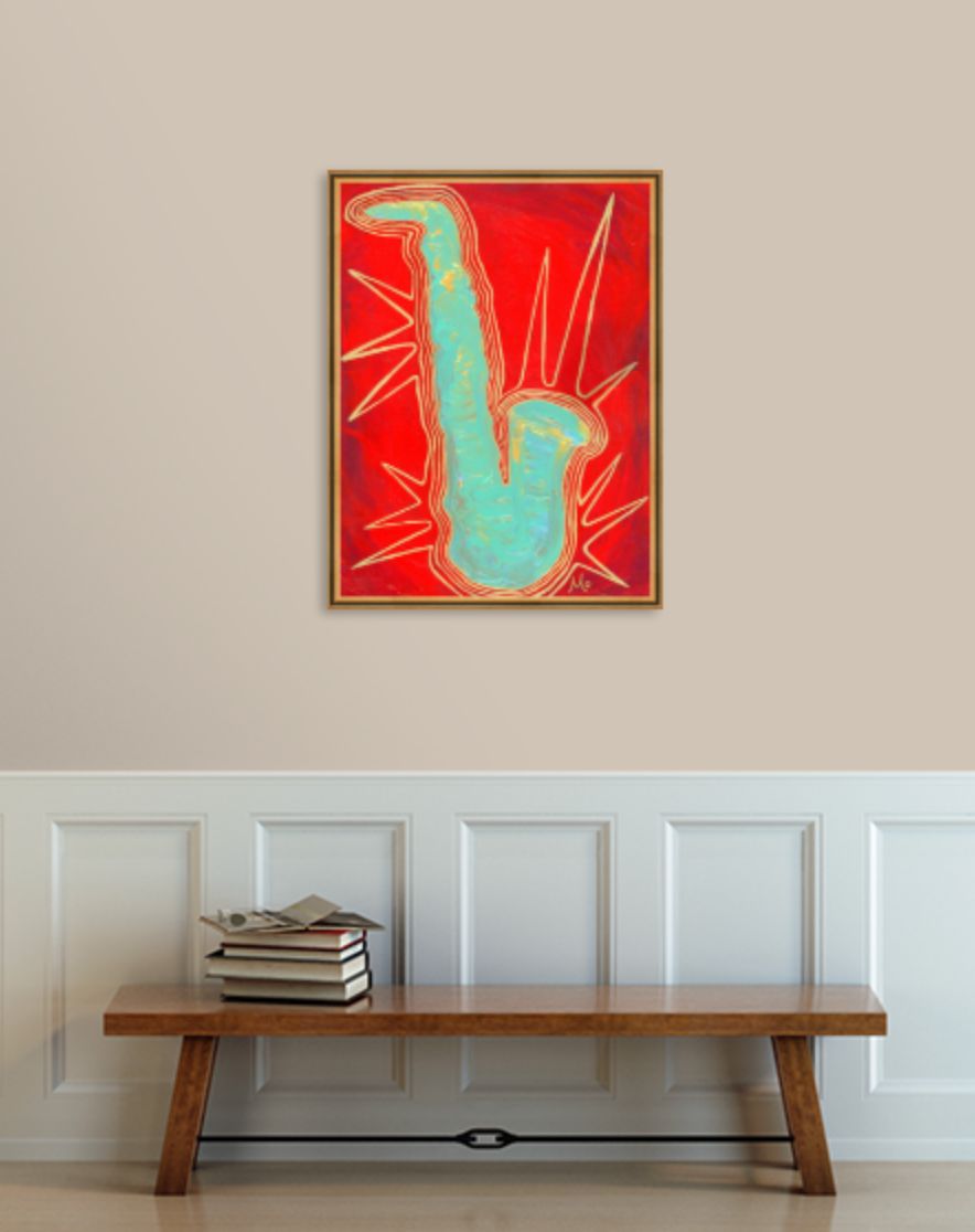 Saxophone art on red background, hanging above a wooden bench.