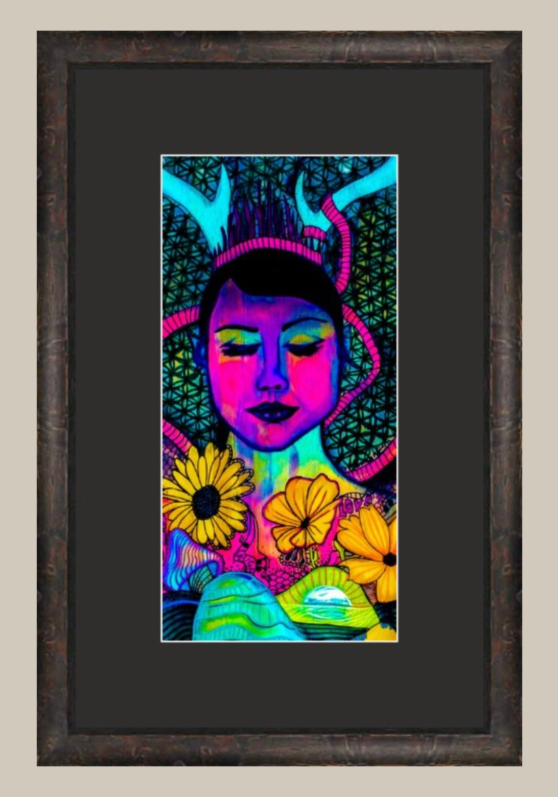 Artwork of a woman with closed eyes, surrounded by flowers, vibrant colors and a textured background.