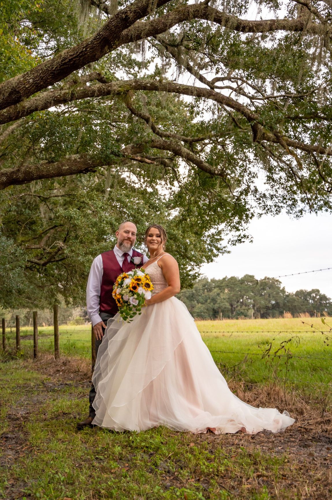 A bride and groom are posing for a picture under an oak tree with a sunflower bouquet and old fence and field behind them.