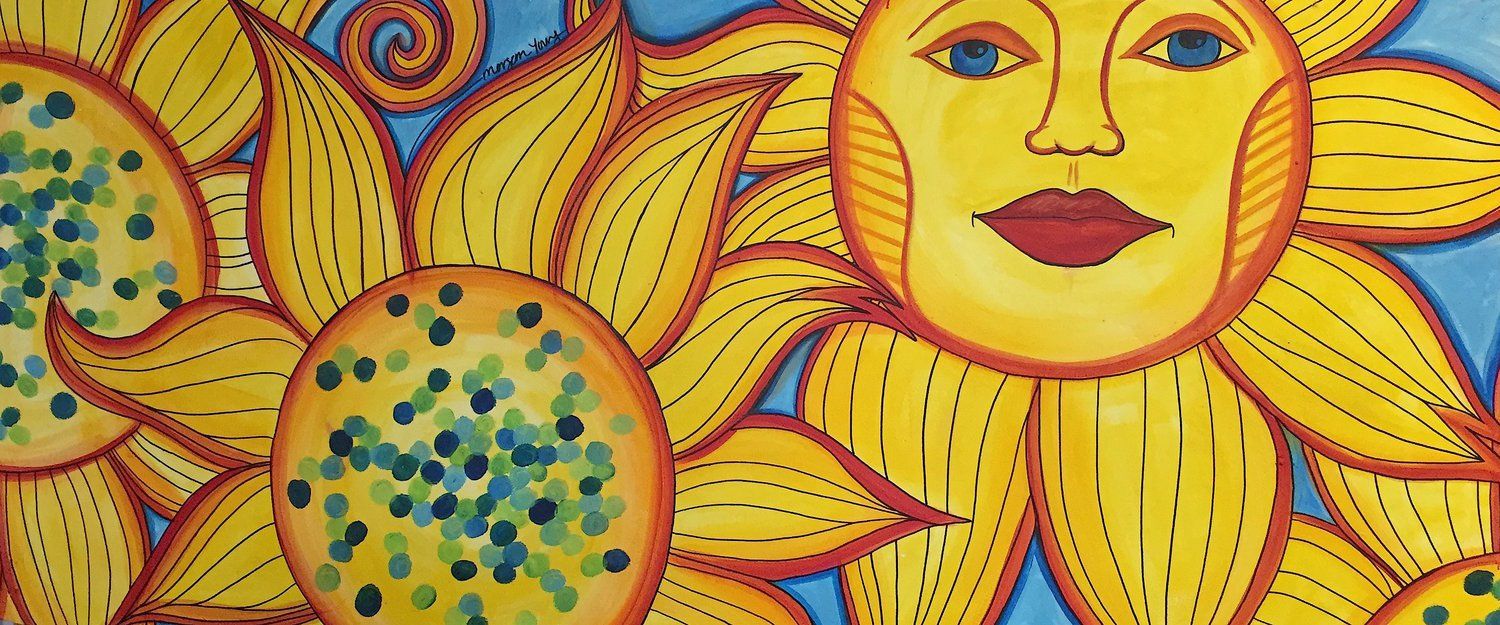 A painting of a sun with a face on it