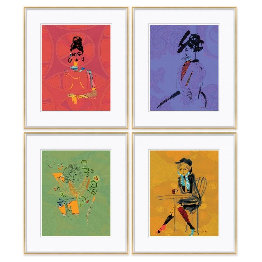 A set of four framed pictures of a woman sitting at a table