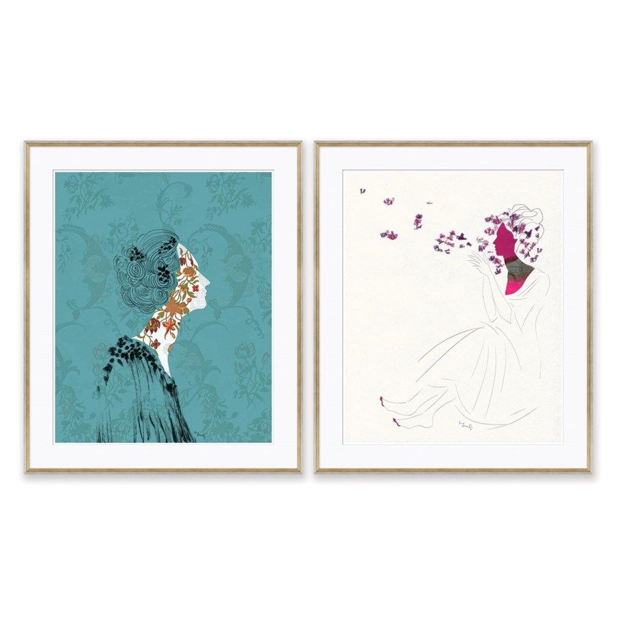 Two framed paintings of a woman blowing a bouquet of flowers.