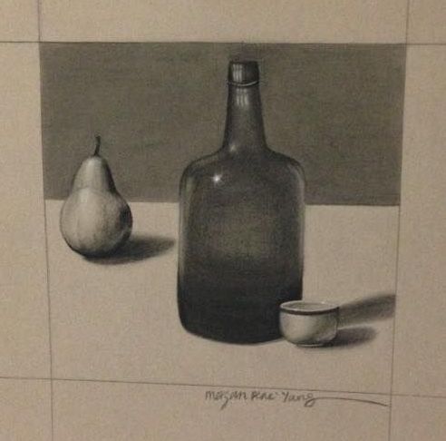 A drawing of a bottle and a pear by megan ree young