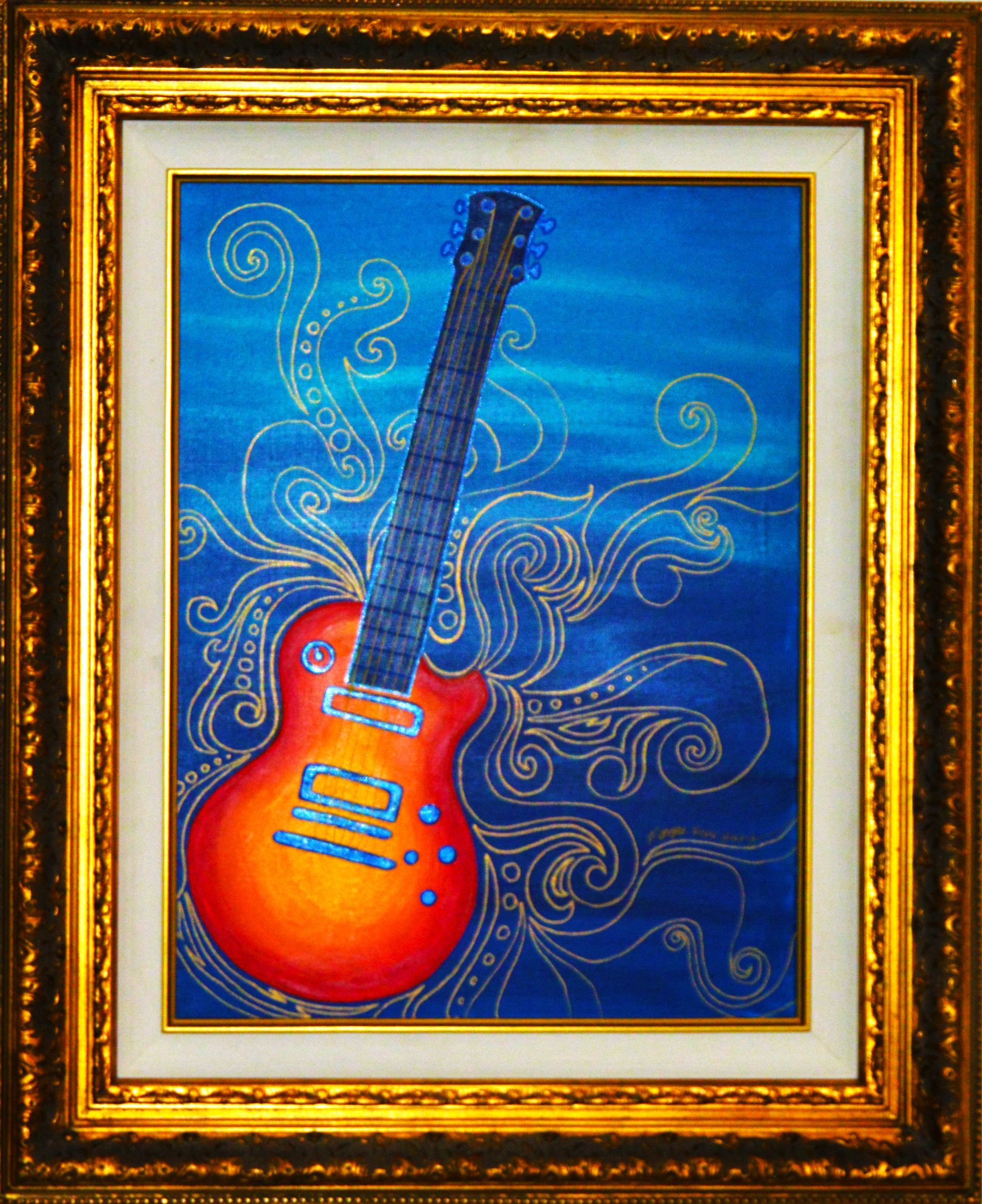 A painting of an electric guitar in a gold frame