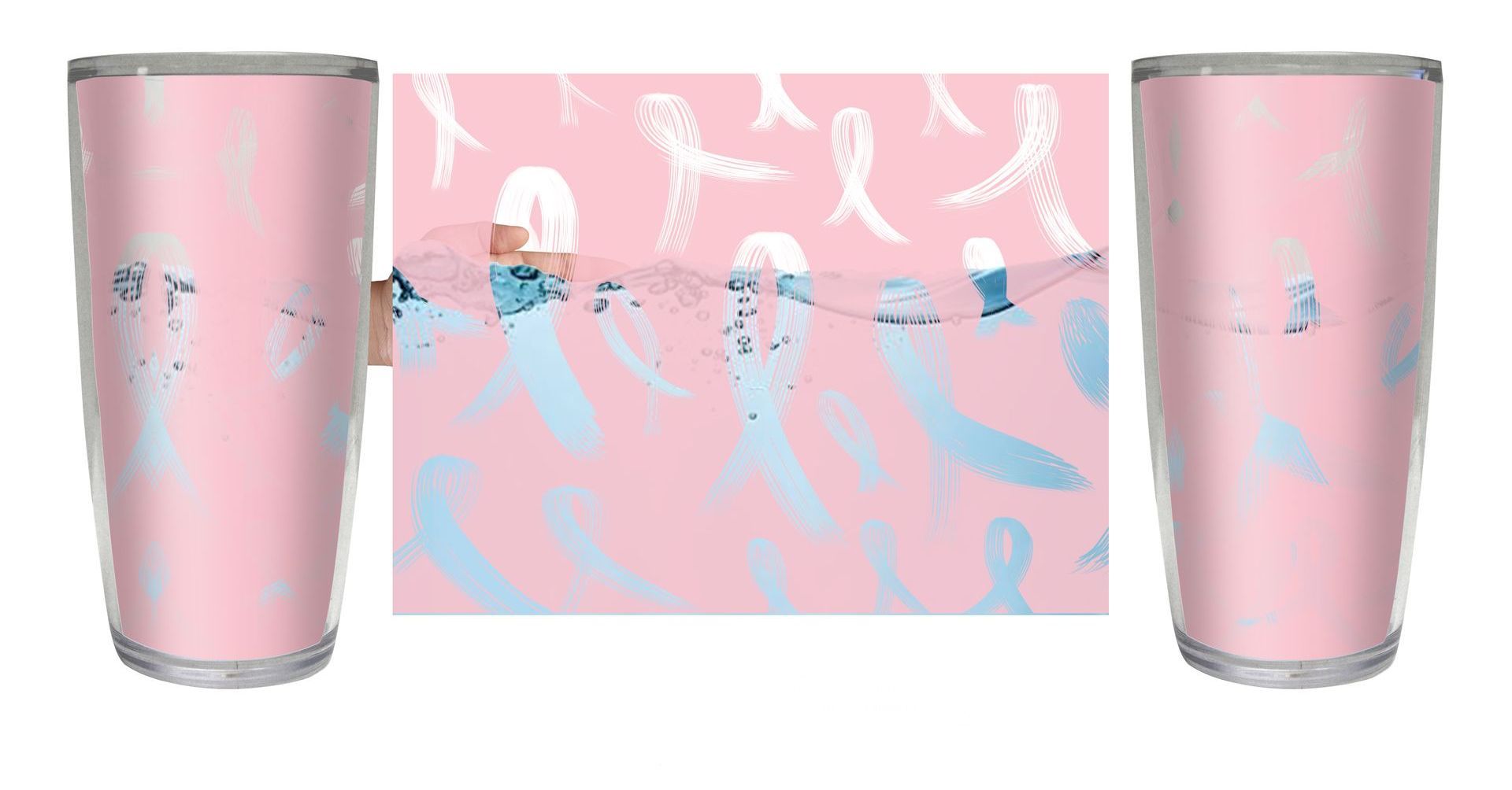 A pink stainless steel tumbler with a breast cancer awareness pattern on it.