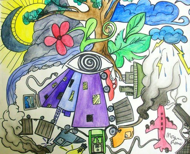 A drawing on a piece of paper with a purple house in the middle