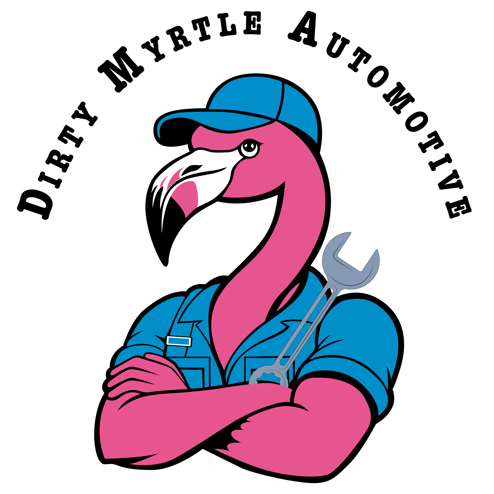 A pink flamingo is holding a wrench and says dirty myrtle automotive