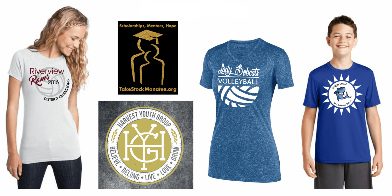 A woman and a boy are wearing t-shirts with custom logos made by , Morgan René Doscher on them. Product shots.