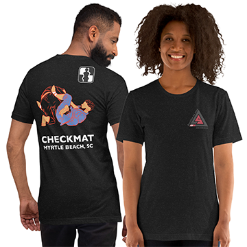 A man and a woman are wearing black checkmat shirts