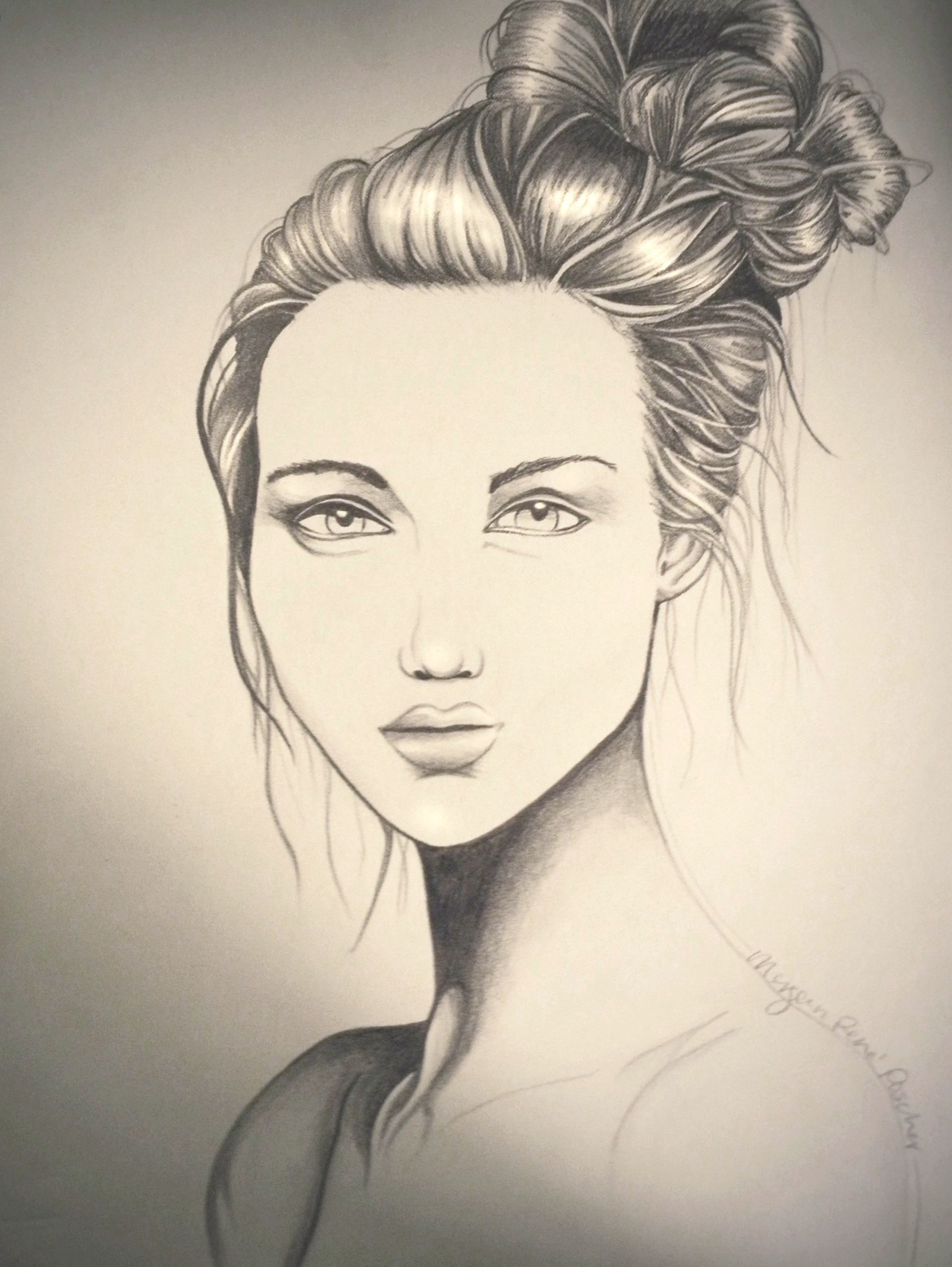 A black and white drawing of a woman with a bun in her hair.