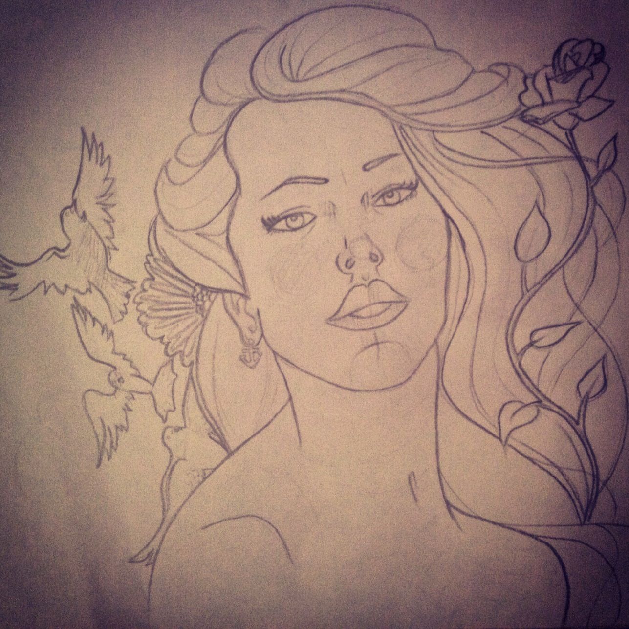 A drawing of a woman with a bird in her hair