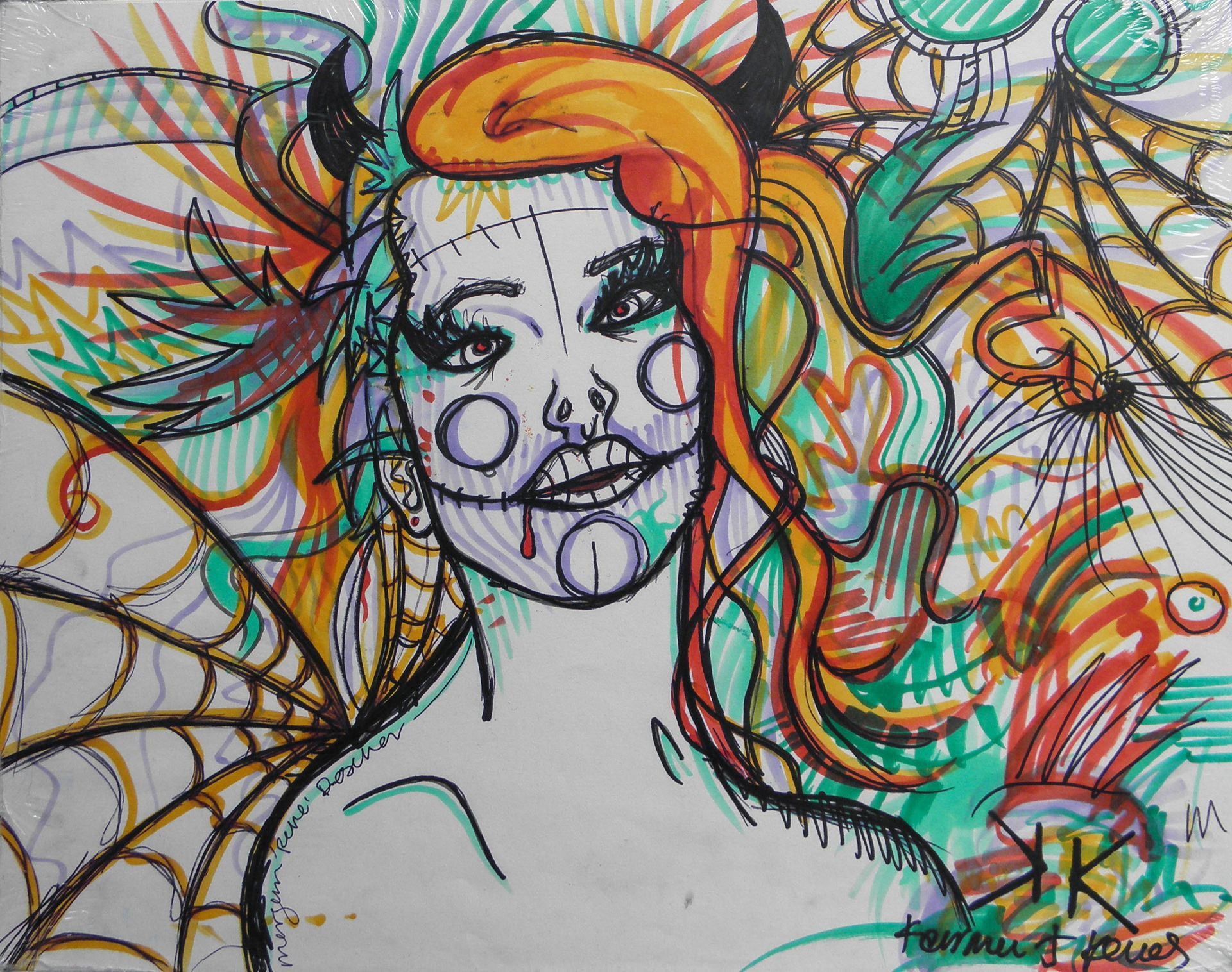 A colorful drawing of a woman with horns on her head