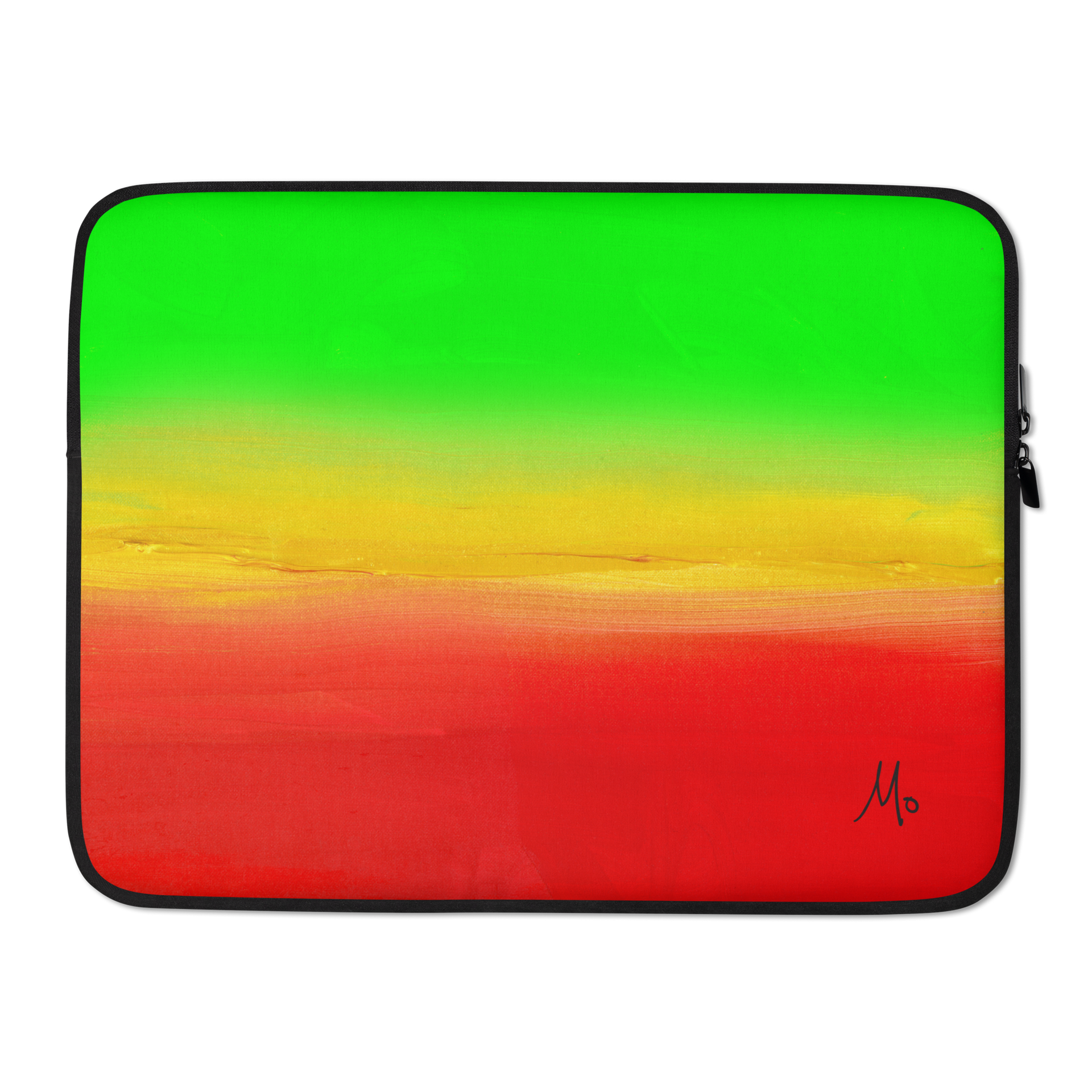 A laptop case with a painting of a reggae flag on it