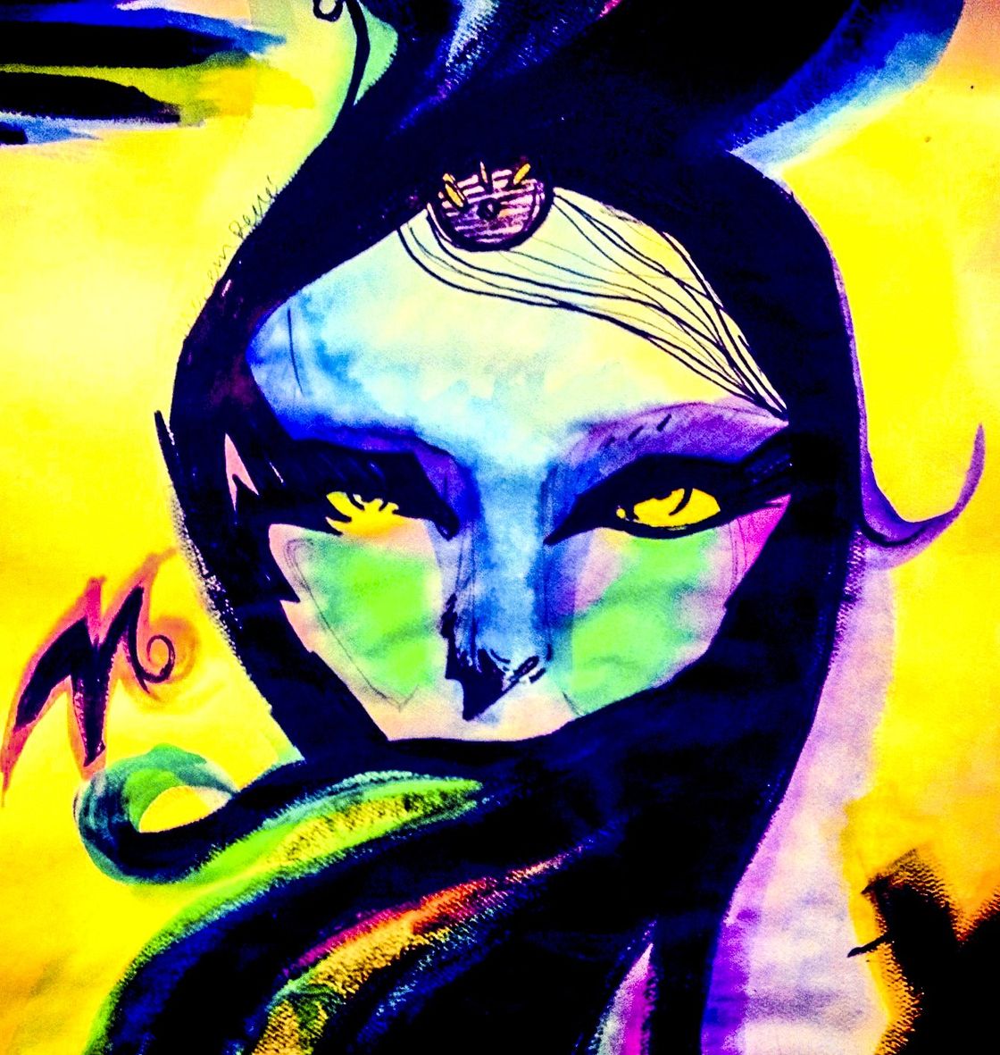 A colorful painting of a woman with a crown on her head