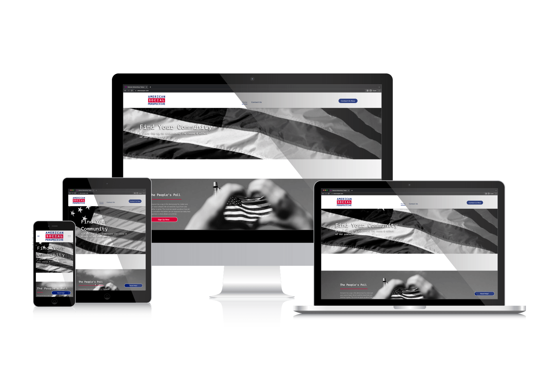 A computer , laptop , tablet , and phone are displaying a website for American Social Perspective.