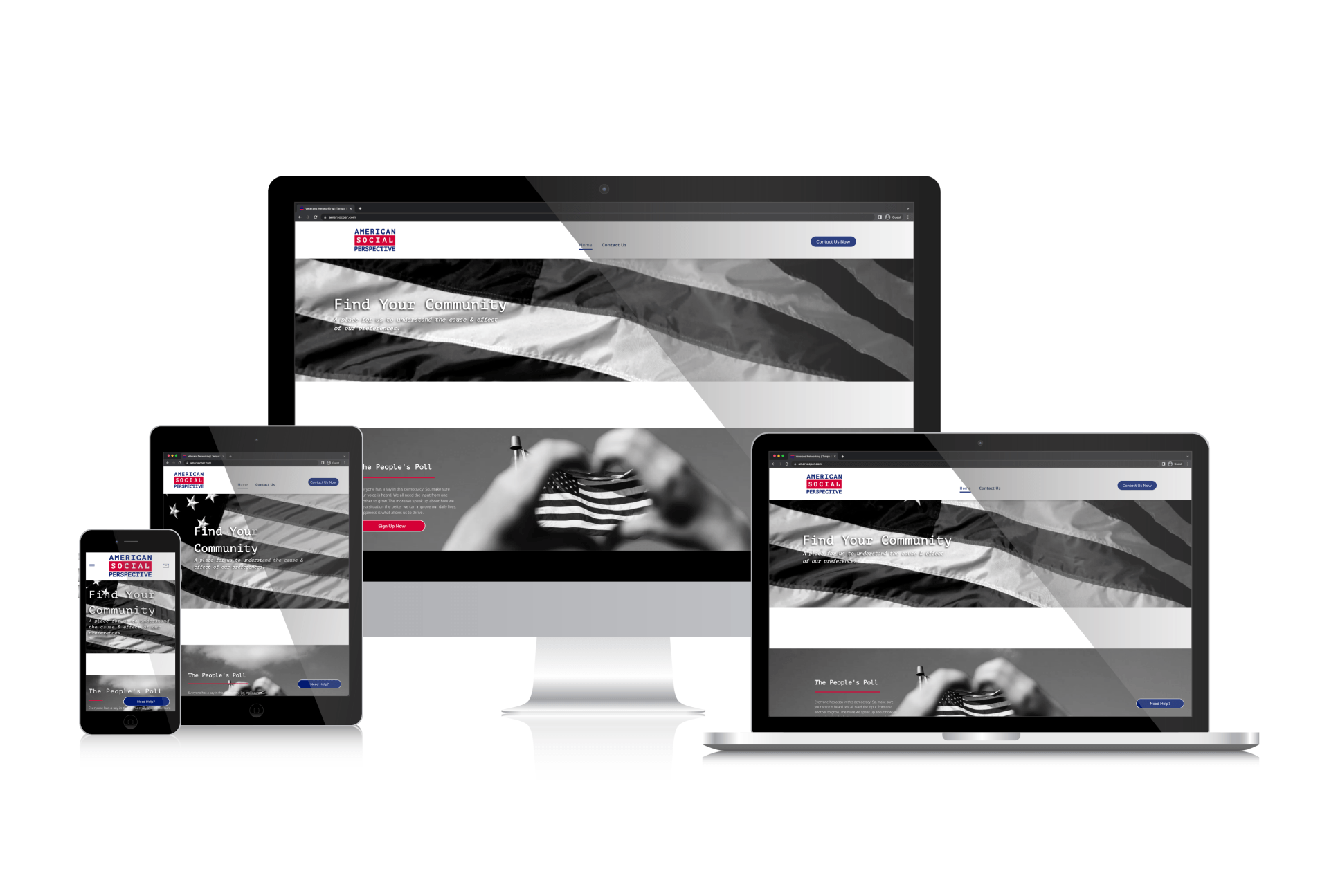 A computer , laptop , tablet , and phone are displaying a website.