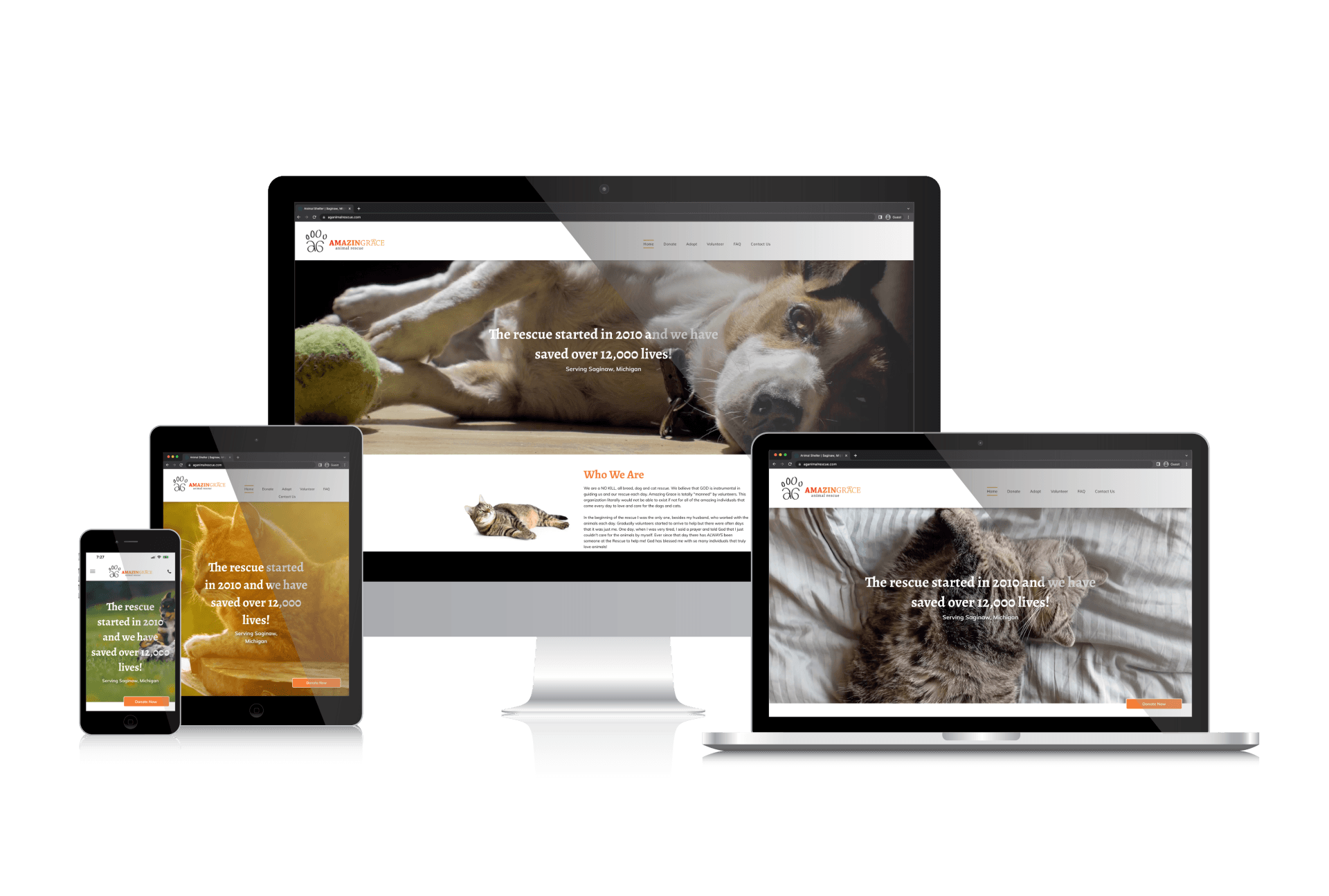 A computer , laptop , tablet , and phone are displaying a website for Amazinggrace Animal Rescue business
