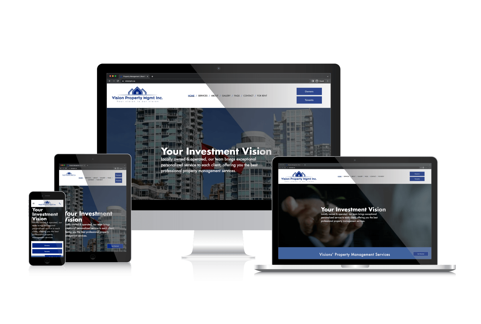 A computer , laptop , tablet , and phone are displaying a website for Vision Property management Inc