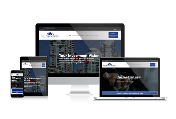 A computer , laptop , tablet , and phone are displaying a website.