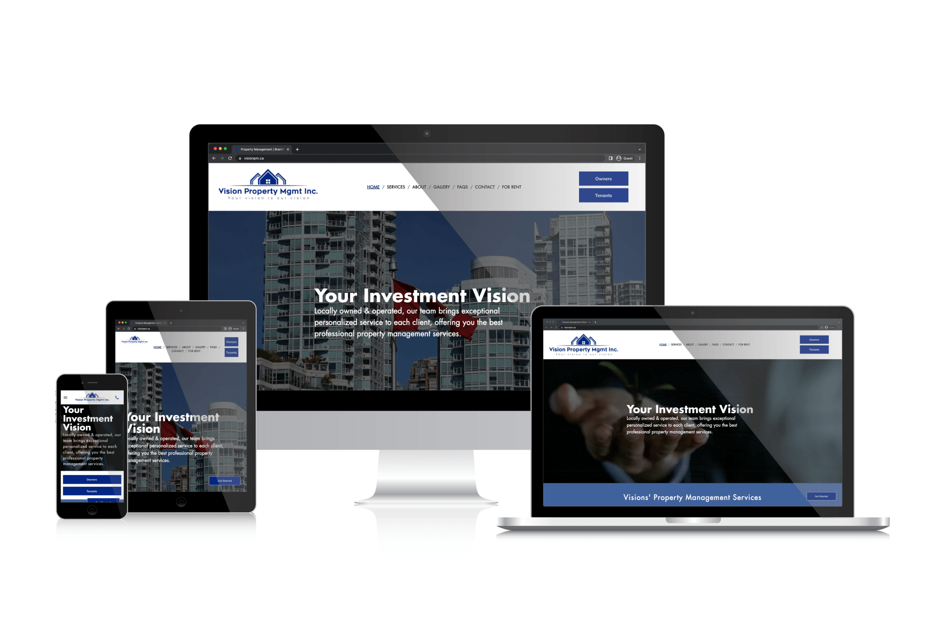 A computer , laptop , tablet , and phone are displaying a website.