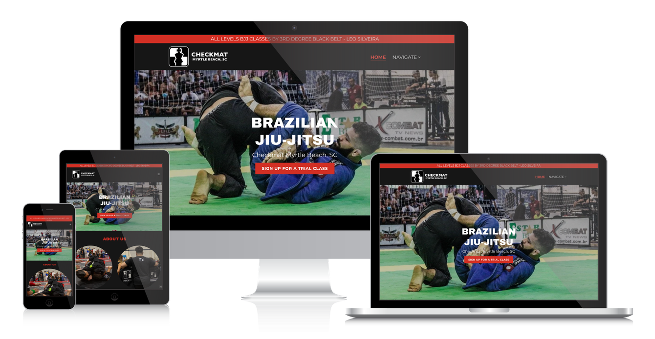 A computer , laptop , tablet , and phone are displaying a wrestling video on a website.