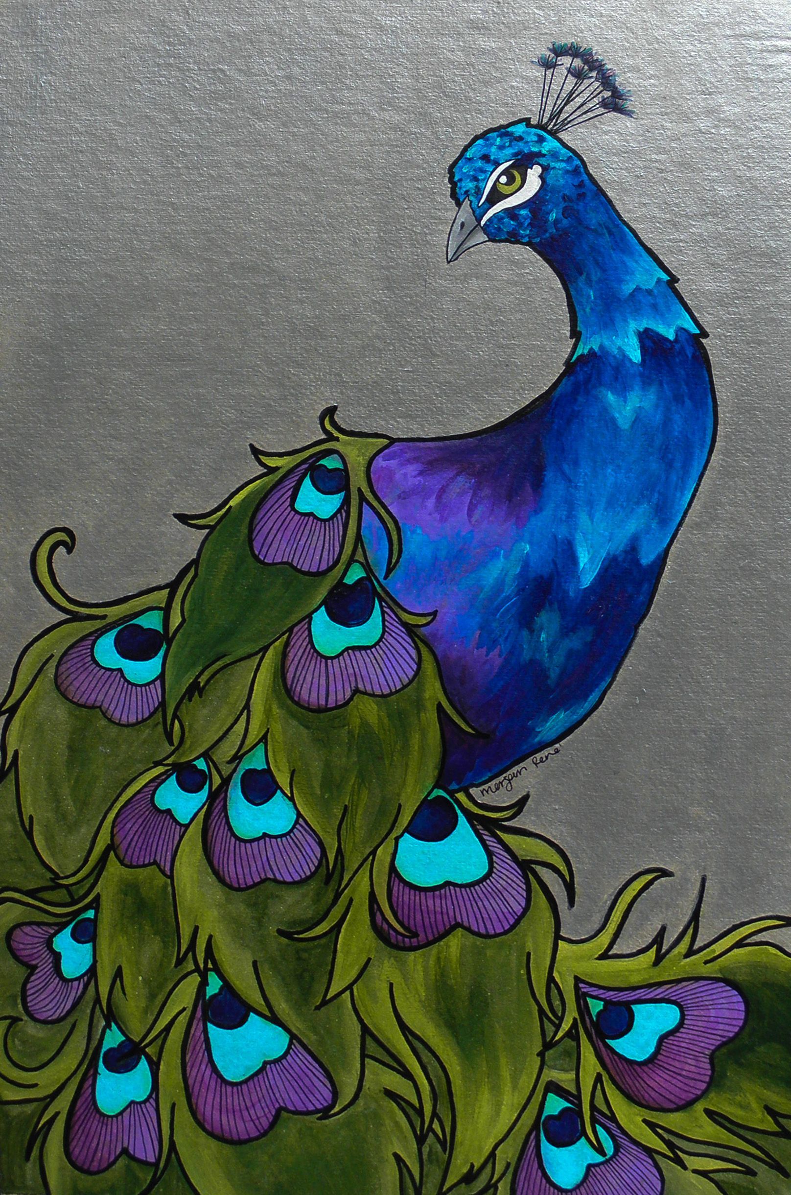 A painting of a peacock with purple and blue feathers