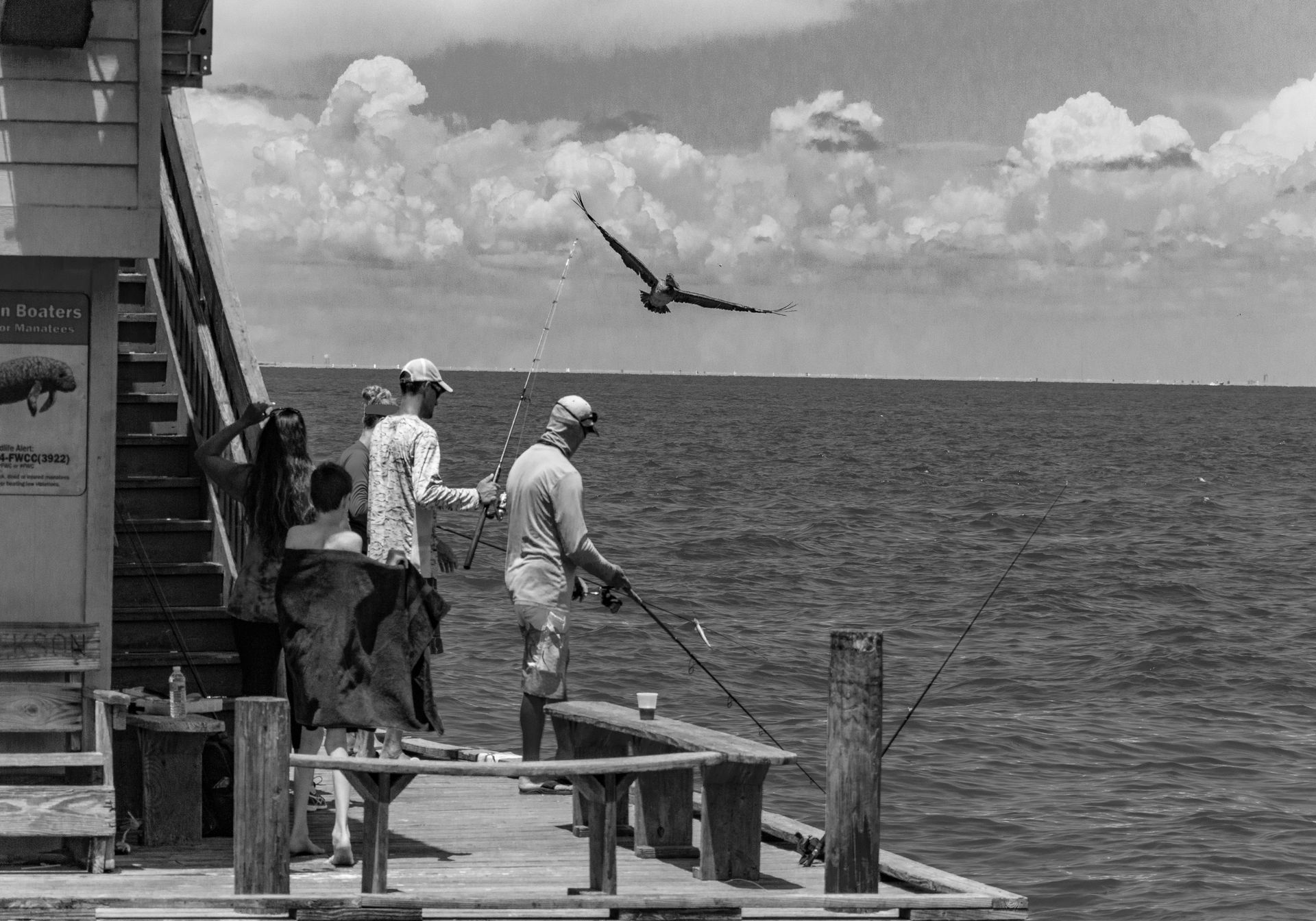 A black and white photo of people fishing on a dock