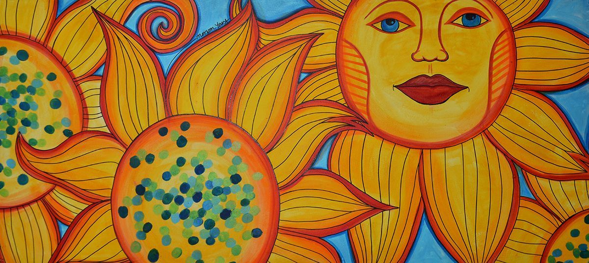 A painting of the sun with a face on it