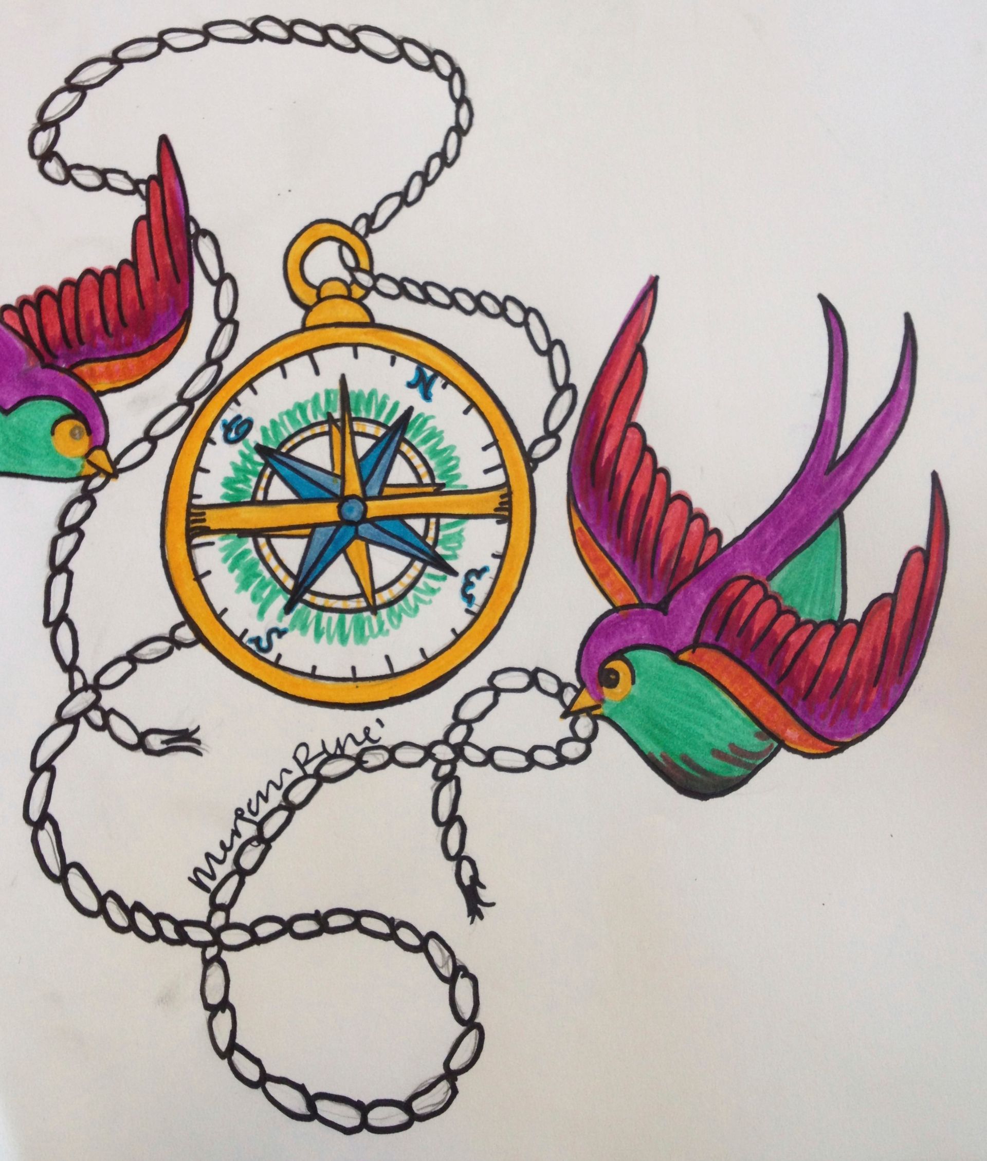 A drawing of two birds flying around a compass on a chain