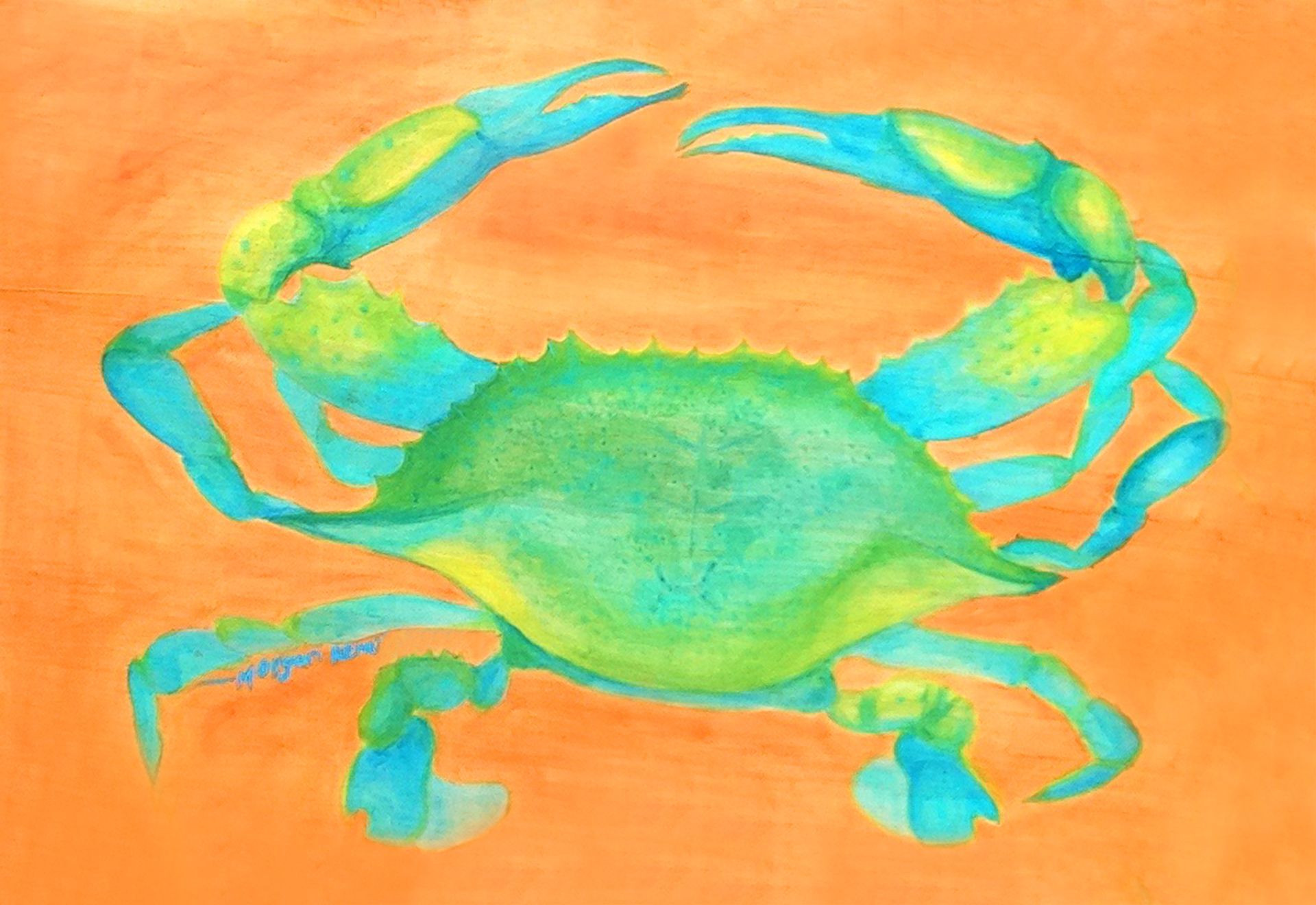 A watercolor painting of a blue and green crab on an orange background.