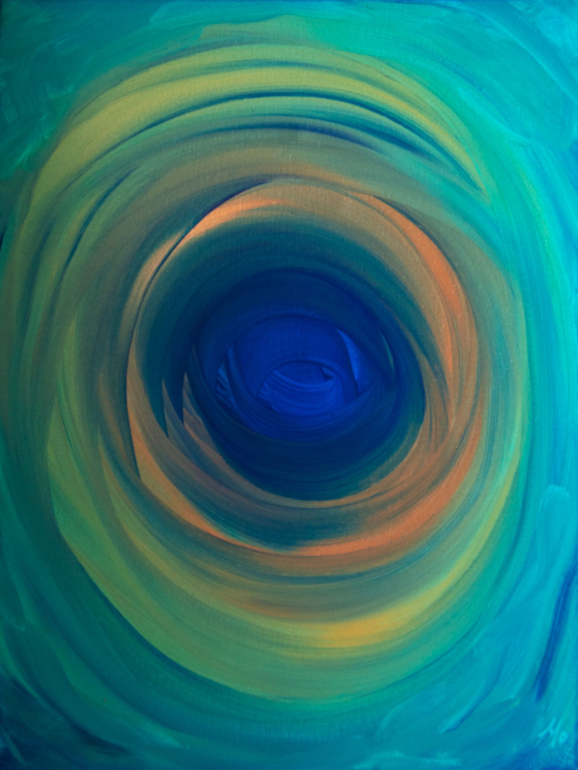 It is a painting of a peacock feather with a blue center.