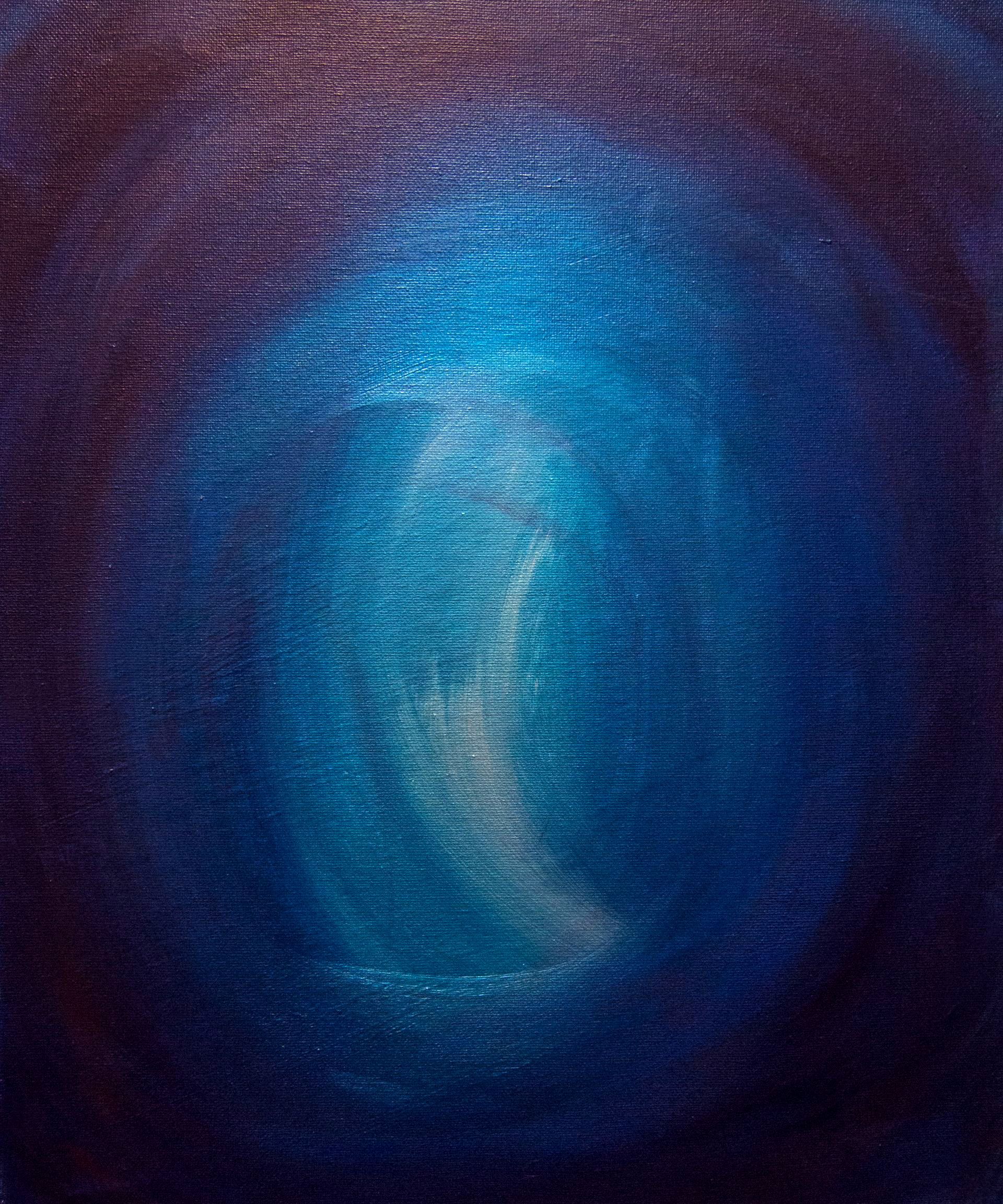 A painting of a crescent moon on a dark blue background