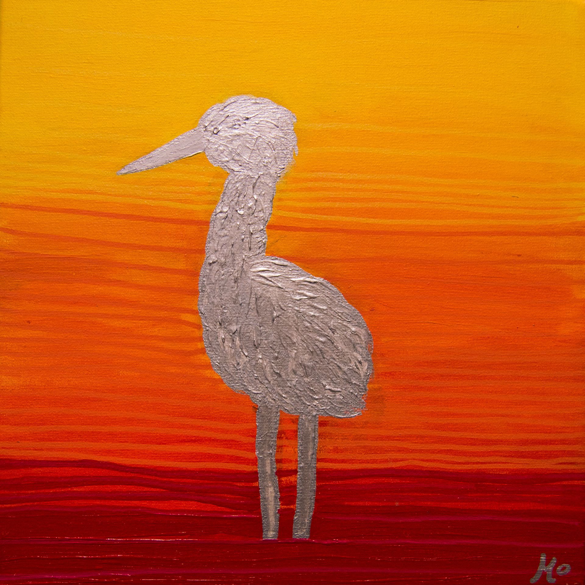 A painting of a bird with a sunset in the background