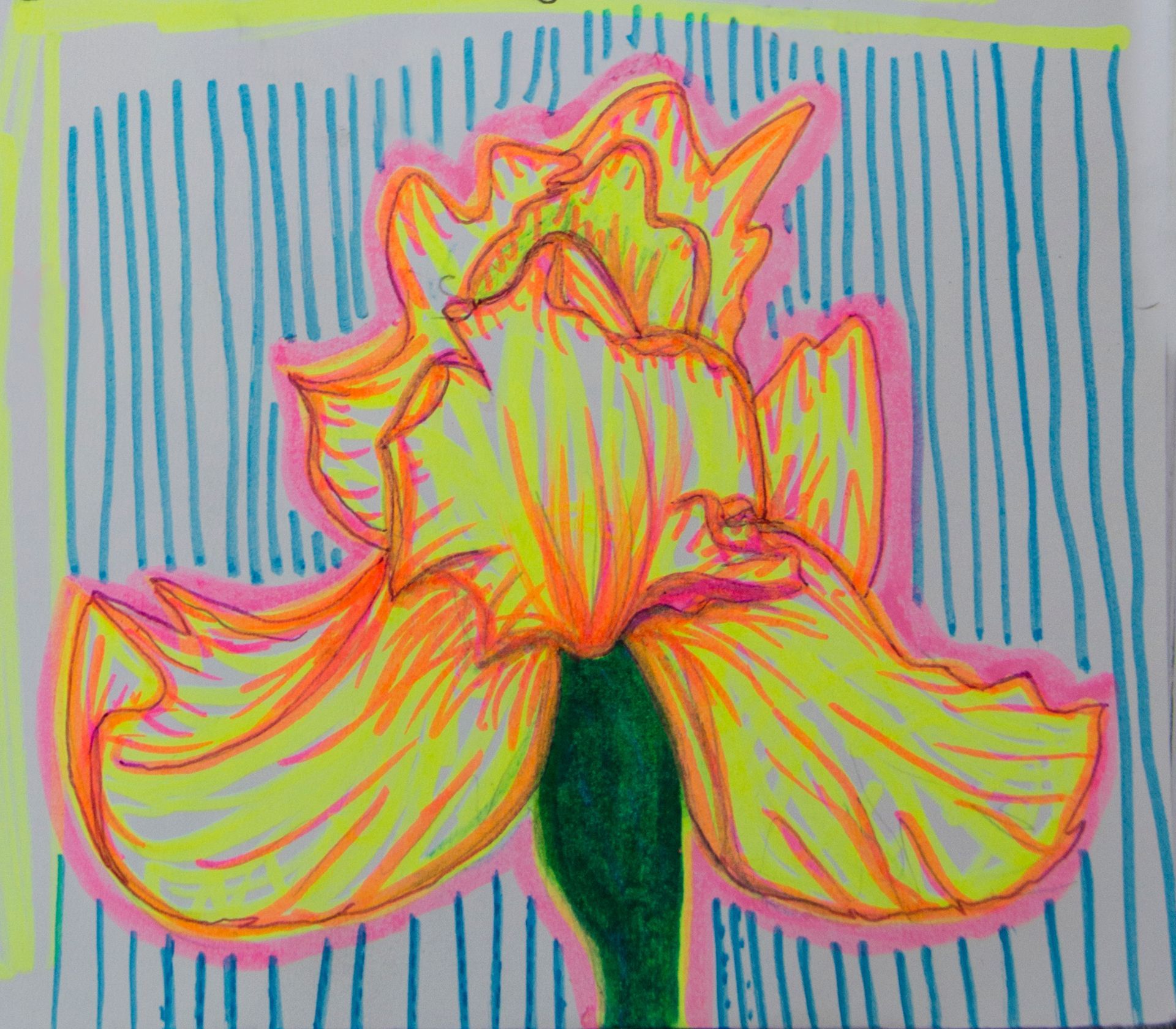 A colorful drawing of a yellow flower with a green stem
