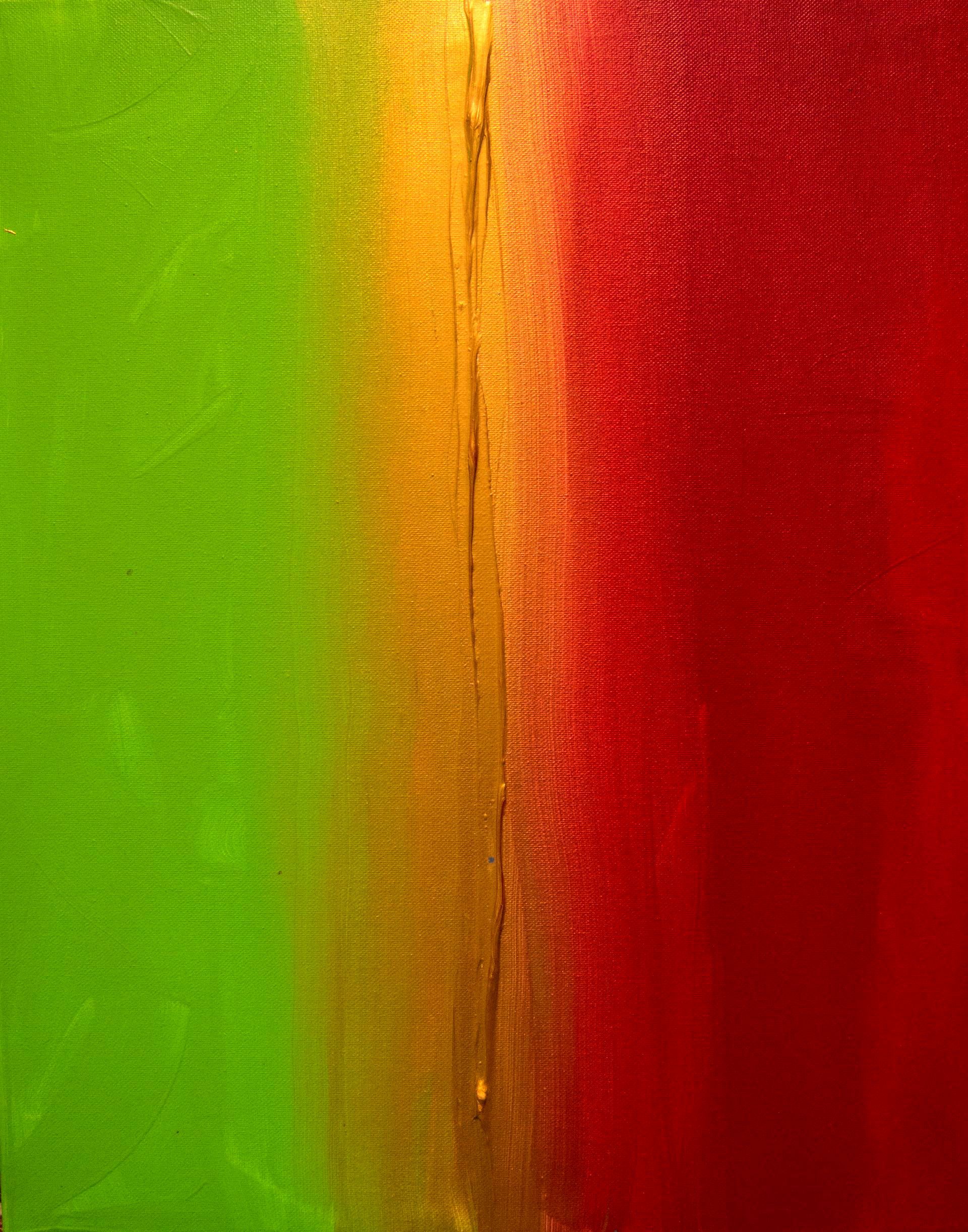 A close up of a green , yellow , and red painting on a wall.