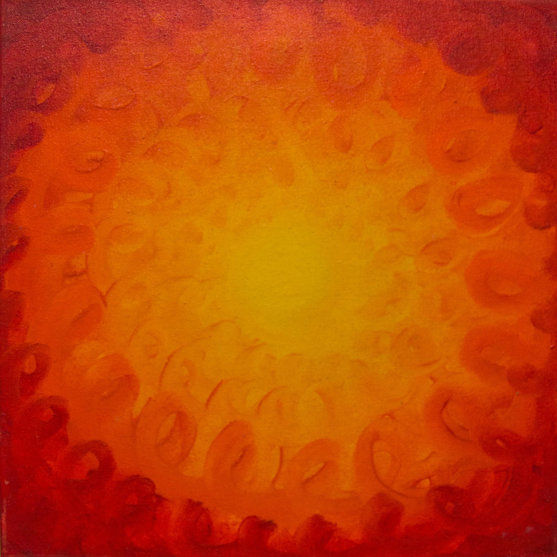 A painting of a sun with a red and yellow background