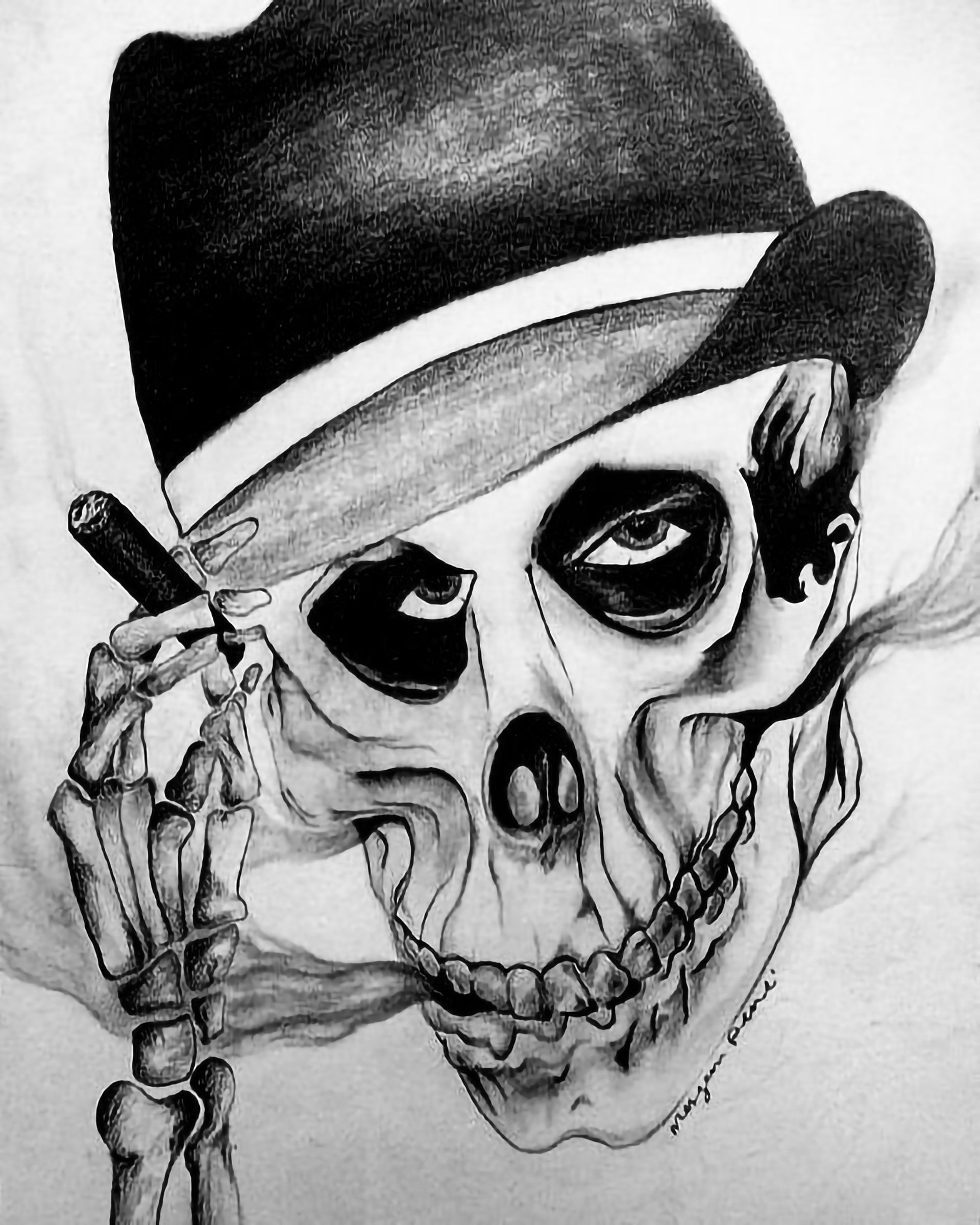 Skull with a top hat smoking cigar drawing by Morgan René Young