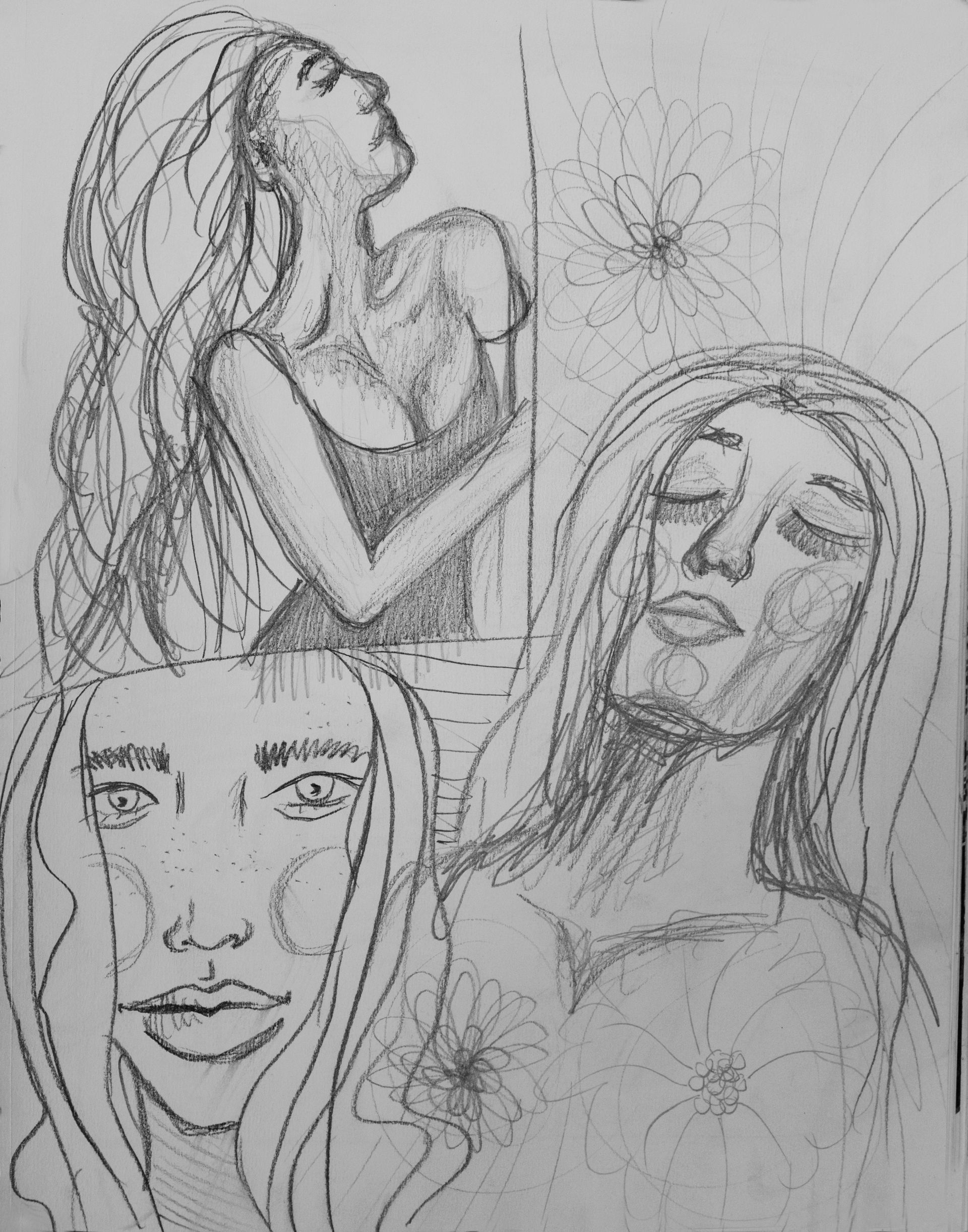 A black and white drawing of a woman with long hair