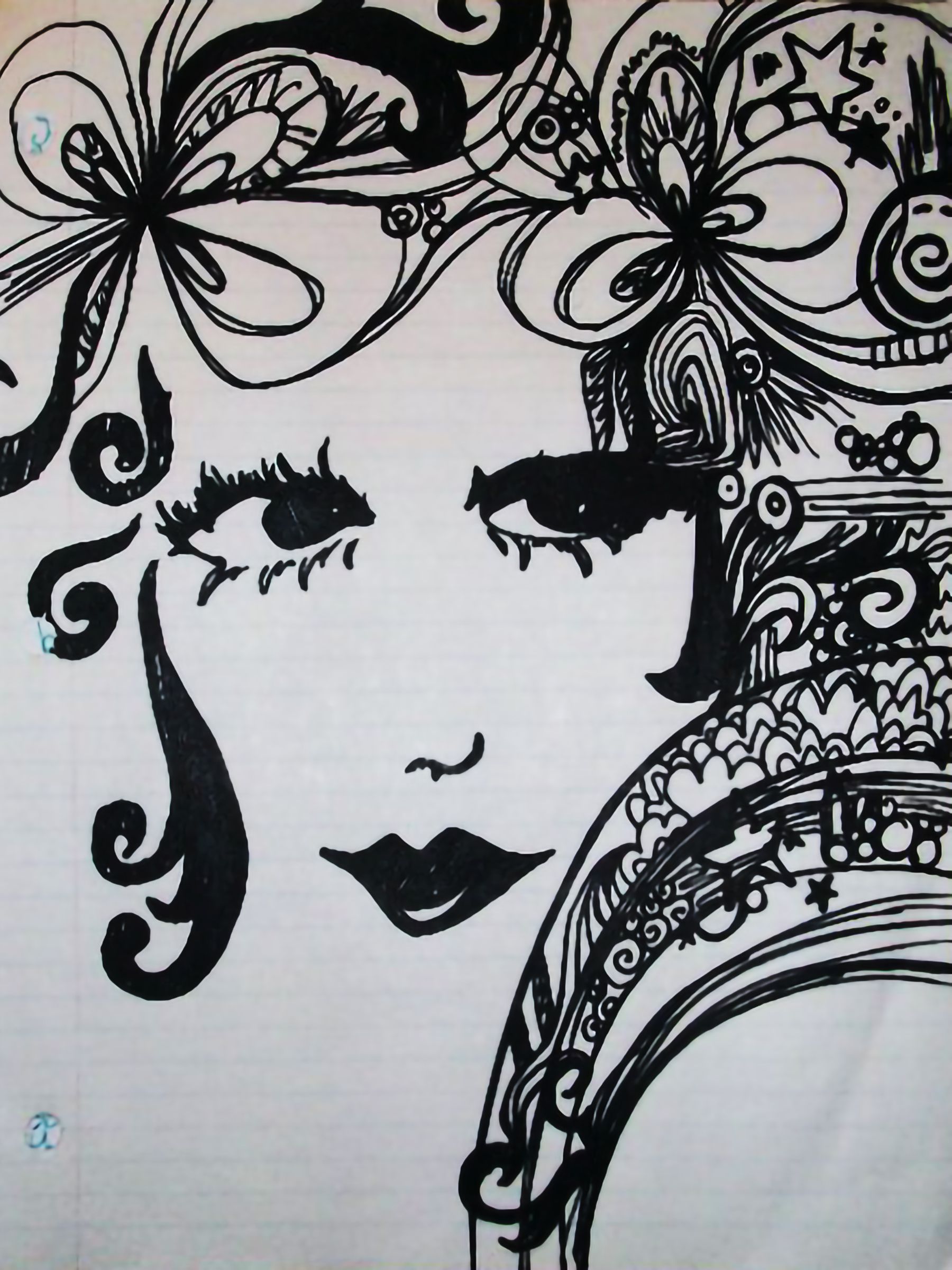 A black and white drawing of a woman with flowers in her hair