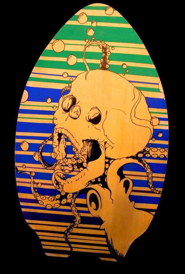 A painting of a skull and octopus on a black background