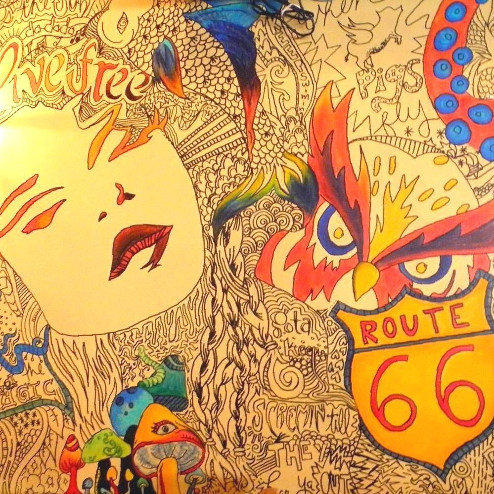 A colorful drawing of a woman and a route 66 sign