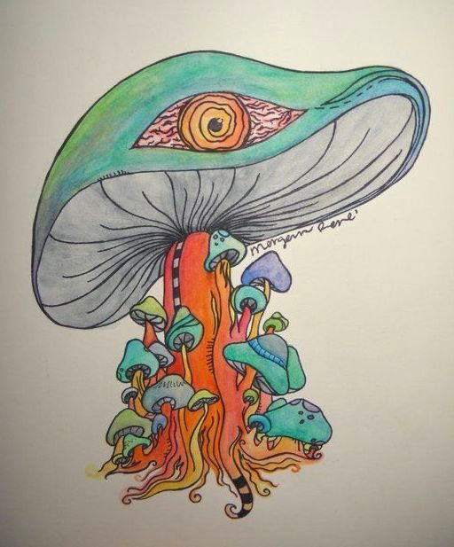 A drawing of a mushroom with an eye on it
