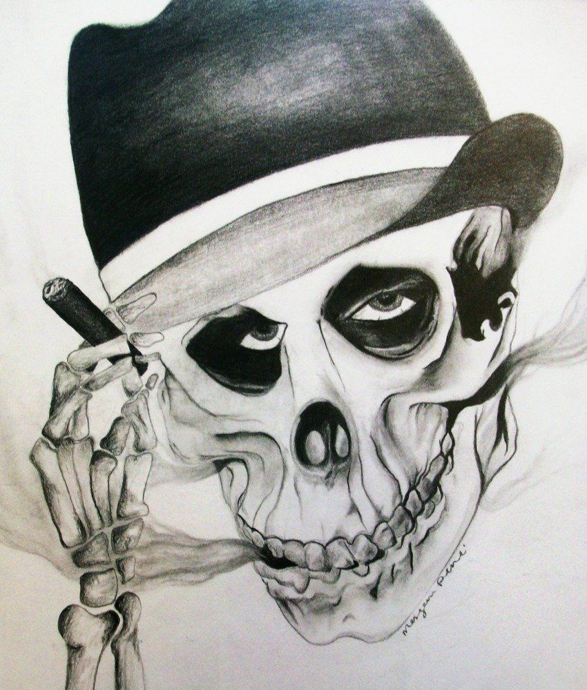 Charcoal drawing of a skull with a top hat smoking a cigar and tipping the hat with his hand and smoke coming out of his head