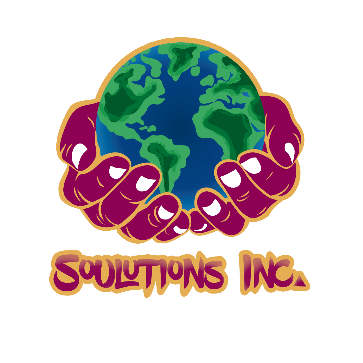 A logo for soultions inc. shows two hands holding a globe